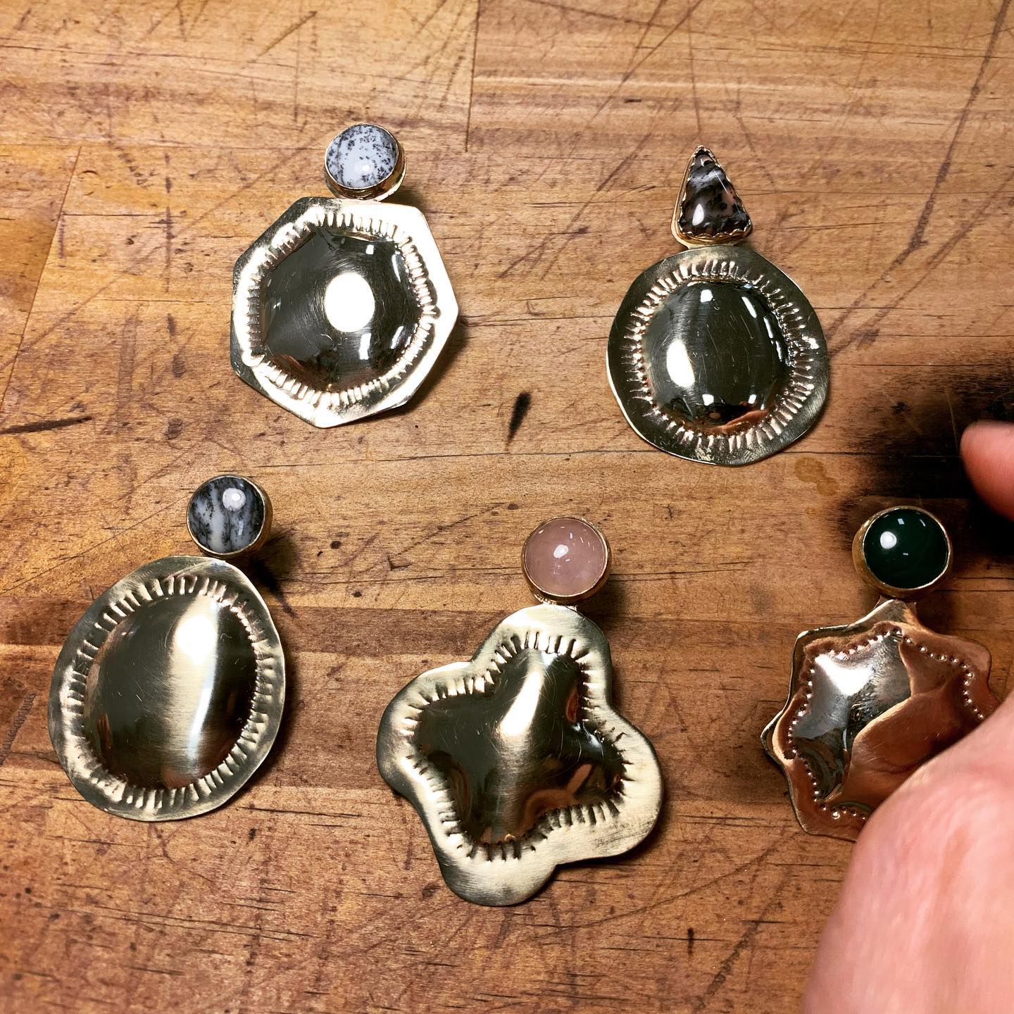 Earrings with gems by student in the Advanced Jewellery Saturday morning class. #brassjewelry #handmadejewellery #earringshandmade #gem